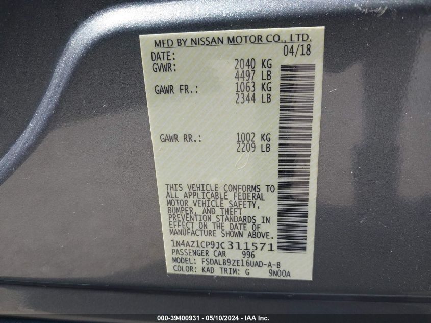 2018 Nissan Leaf S VIN: 1N4AZ1CP9JC311571 Lot: 39400931