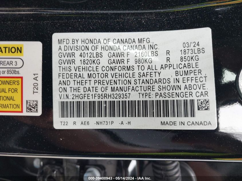 2024 Honda Civic Touring VIN: 2HGFE1F95RH329357 Lot: 39400943