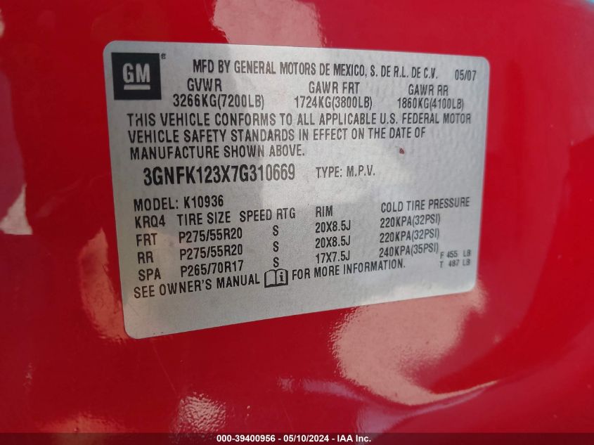 2007 Chevrolet Avalanche 1500 Ltz VIN: 3GNFK123X7G310669 Lot: 39400956