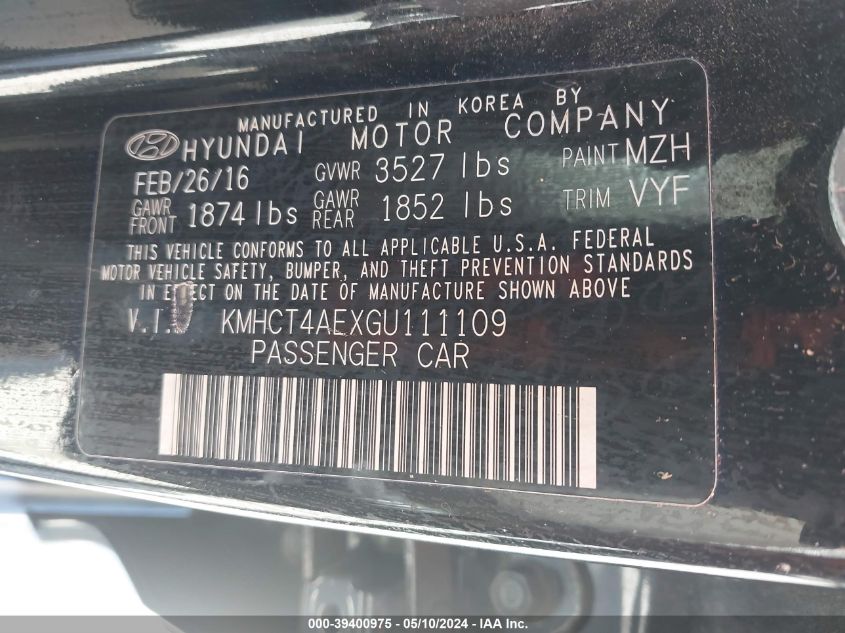 2016 Hyundai Accent Se VIN: KMHCT4AEXGU111109 Lot: 39400975