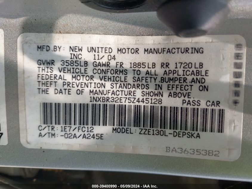 2005 Toyota Corolla S VIN: 1NXBR32E75Z445128 Lot: 39400990