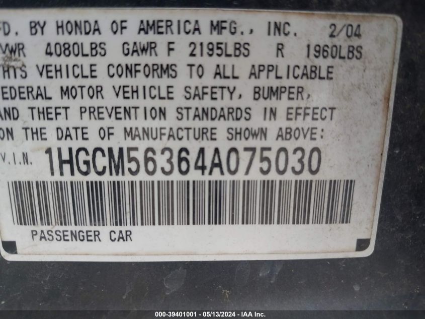 2004 Honda Accord 2.4 Lx VIN: 1HGCM56364A075030 Lot: 39401001