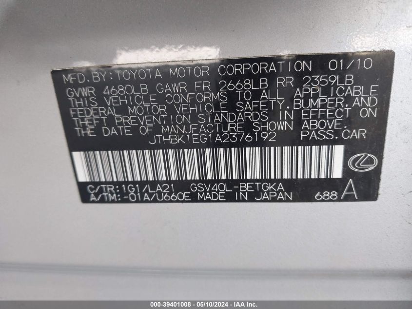 2010 Lexus Es 350 VIN: JTHBK1EG1A2376192 Lot: 39401008