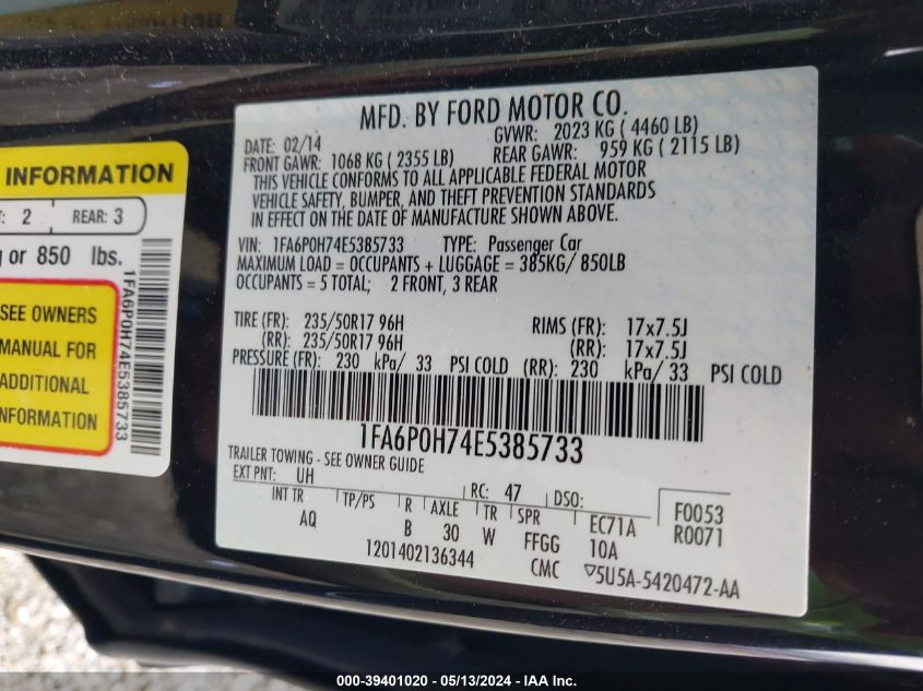 2014 FORD FUSION SE - 1FA6P0H74E5385733