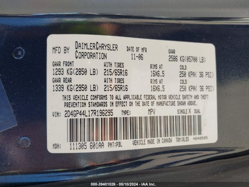 2007 Dodge Grand Caravan Sxt VIN: 2D4GP44L17R196295 Lot: 39401026