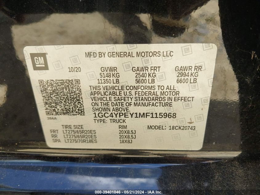 2021 Chevrolet Silverado 2500Hd 4Wd Standard Bed Ltz VIN: 1GC4YPEY1MF115968 Lot: 39401046