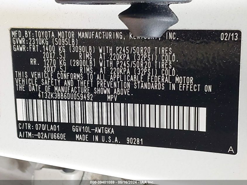 2013 Toyota Venza Xle V6 VIN: 4T3ZK3BB6DU059492 Lot: 39401059