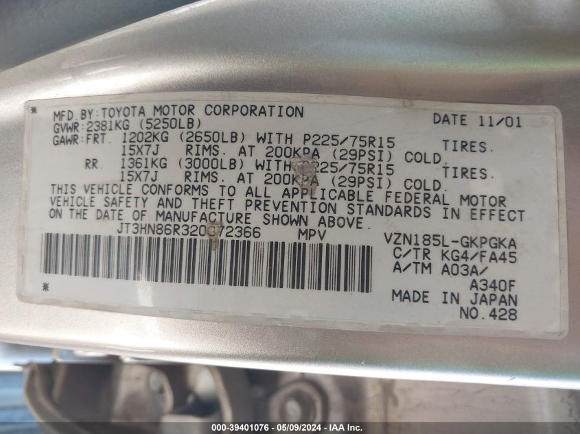 2002 Toyota 4Runner Sr5 V6 VIN: JT3HN86R320372366 Lot: 39401076