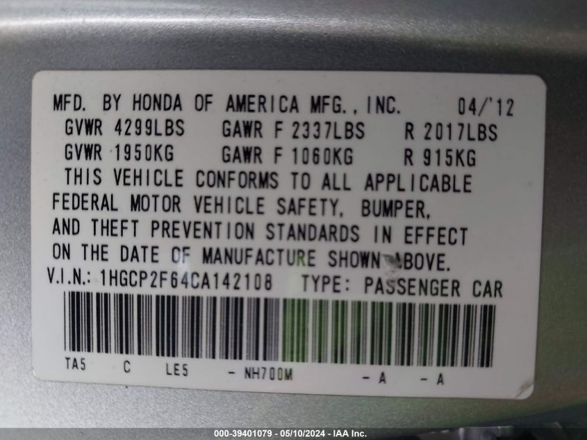 2012 Honda Accord 2.4 Se VIN: 1HGCP2F64CA142108 Lot: 39401079