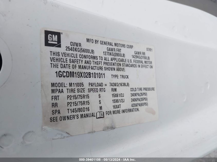 2002 Chevrolet Astro VIN: 1GCDM19X02B101011 Lot: 39401108