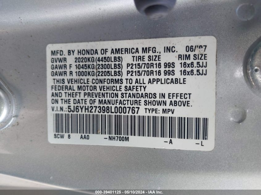 2008 Honda Element Lx VIN: 5J6YH27398L000767 Lot: 39401125