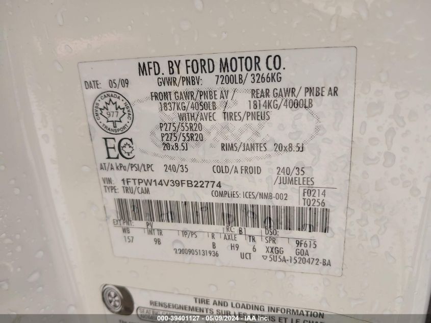 2009 Ford F-150 Fx4/King Ranch/Lariat/Platinum/Xl/Xlt VIN: 1FTPW14V39FB22774 Lot: 39401127