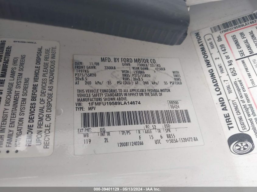2009 Ford Expedition Limited VIN: 1FMFU19589LA14674 Lot: 39401129