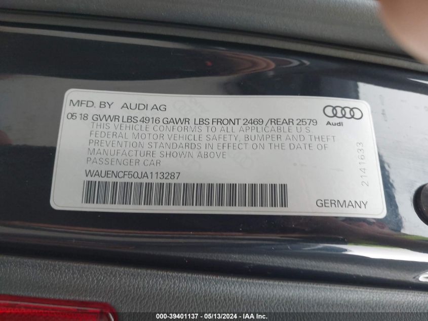 WAUENCF50JA113287 2018 Audi A5 2.0T Premium