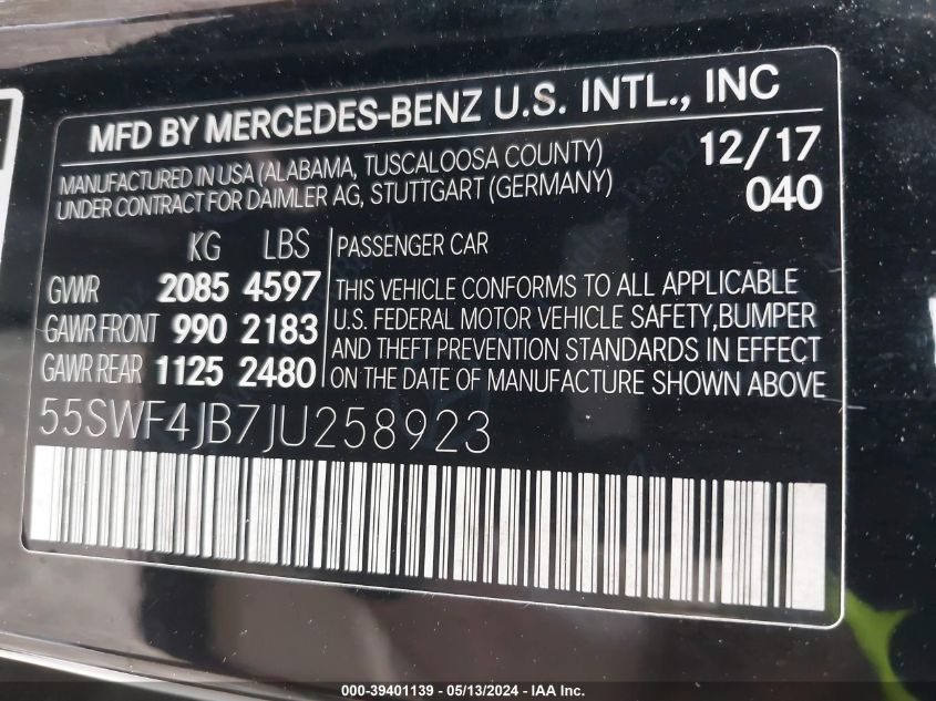 2018 Mercedes-Benz C 300 VIN: 55SWF4JB7JU258923 Lot: 39401139