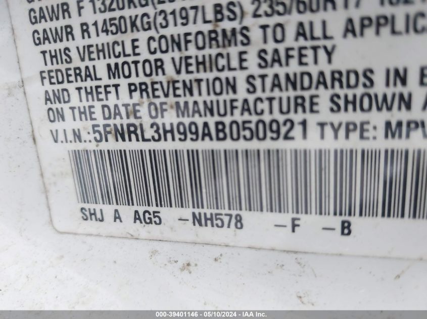 2010 Honda Odyssey Touring VIN: 5FNRL3H99AB050921 Lot: 39401146