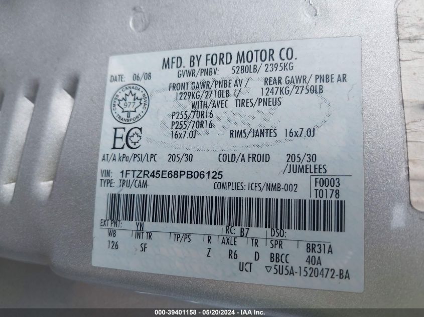 2008 Ford Ranger Xlt VIN: 1FTZR45E68PB06125 Lot: 39401158