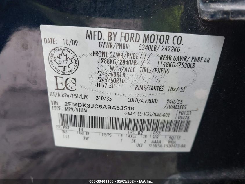 2010 Ford Edge Sel VIN: 2FMDK3JC5ABA63516 Lot: 39401163