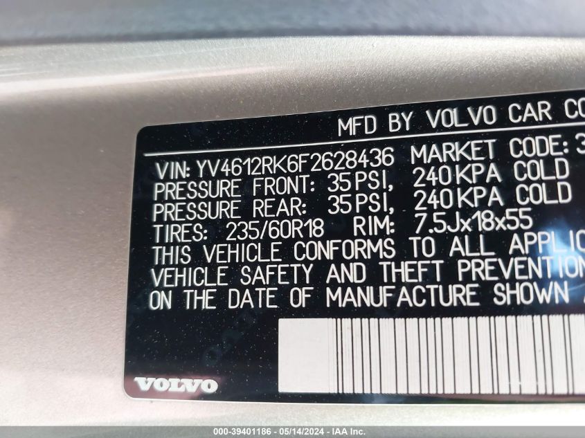 2015 Volvo Xc60 T5/T5 Premier VIN: YV4612RK6F2628436 Lot: 39401186