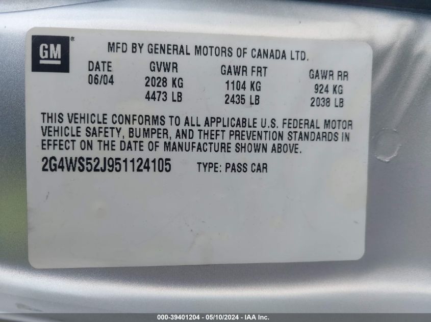 2005 Buick Century VIN: 2G4WS52J951124105 Lot: 39401204