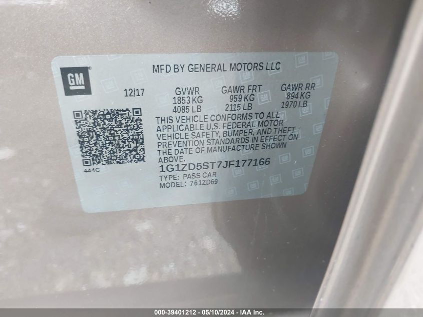 2018 Chevrolet Malibu Lt VIN: 1G1ZD5ST7JF177166 Lot: 39401212