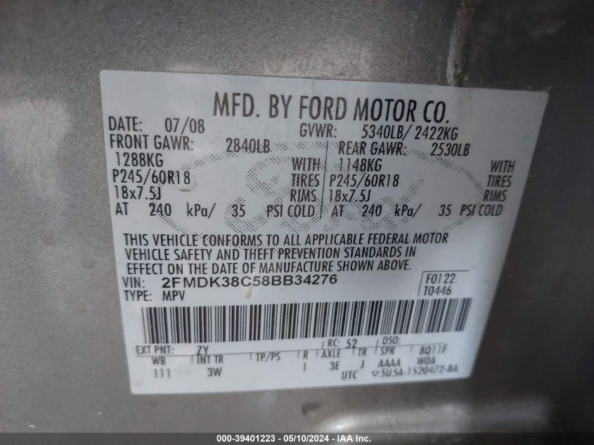 2008 Ford Edge Sel VIN: 2FMDK38C58BB34276 Lot: 39401223