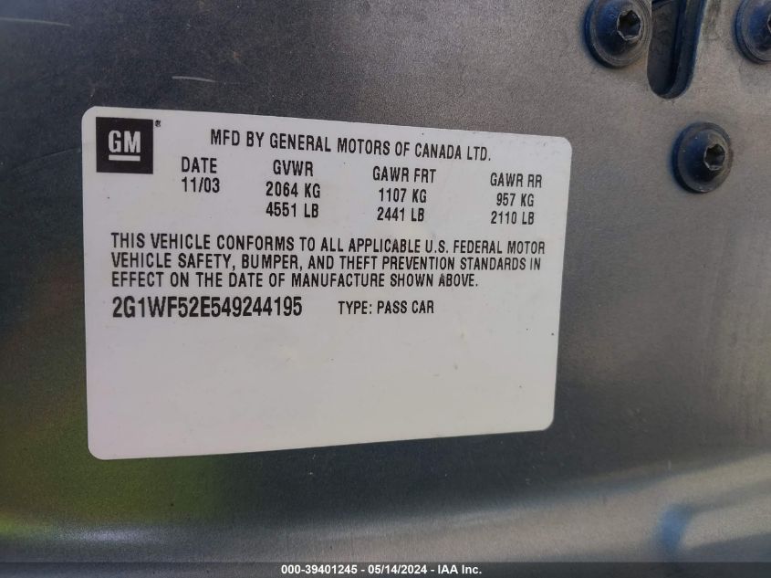 2004 Chevrolet Impala VIN: 2G1WF52E549244195 Lot: 39401245