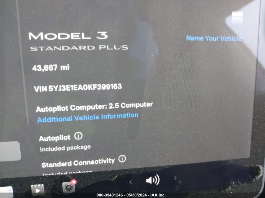 2019 TESLA MODEL 3 LONG RANGE/MID RANGE/STANDARD RANGE/STANDARD RANGE PLUS - 5YJ3E1EA0KF399163