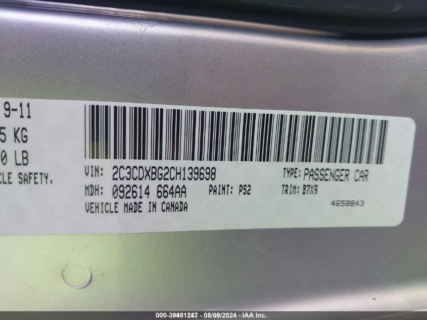 2012 Dodge Charger Se VIN: 2C3CDXBG2CH139698 Lot: 39401247