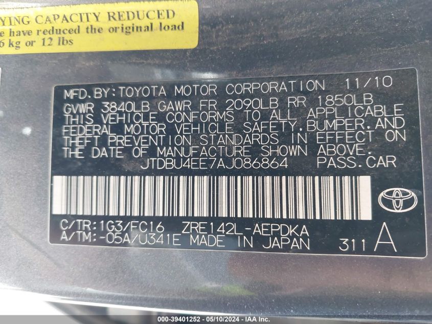 2010 Toyota Corolla Le VIN: JTDBU4EE7AJ086864 Lot: 39401252