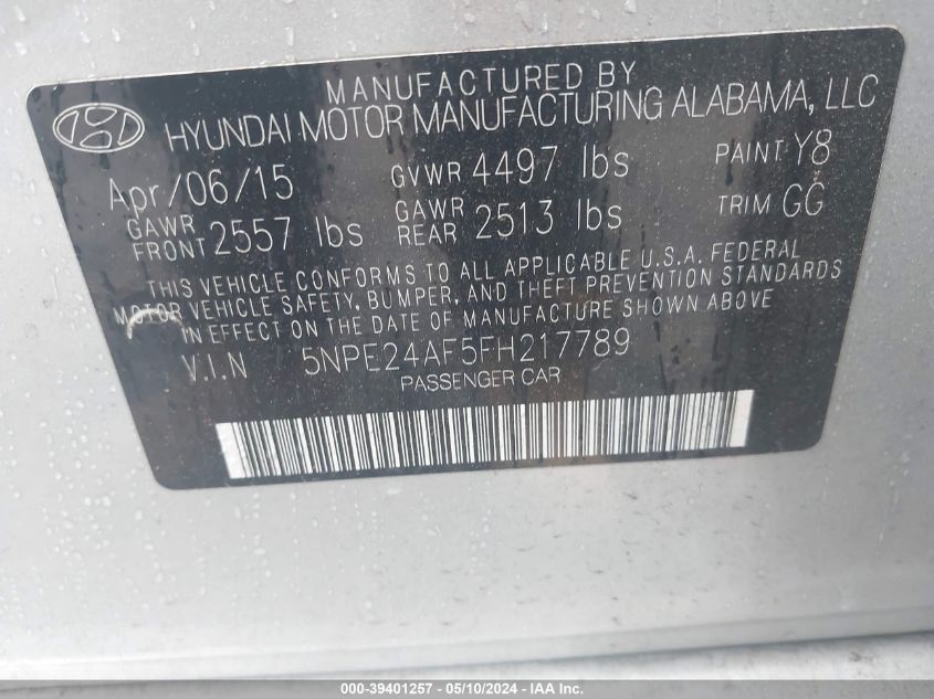 2015 Hyundai Sonata Se VIN: 5NPE24AF5FH217789 Lot: 39401257