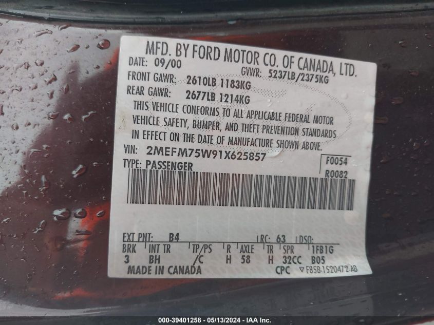 2001 Mercury Grand Marquis Ls VIN: 2MEFM75W91X625857 Lot: 39401258