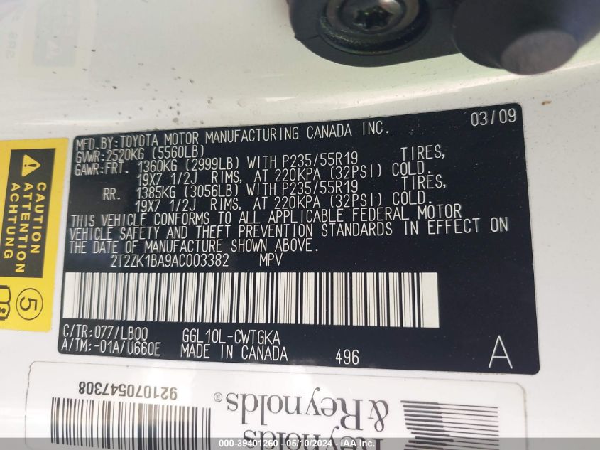 2010 Lexus Rx 350 VIN: 2T2ZK1BA9AC003382 Lot: 39401260