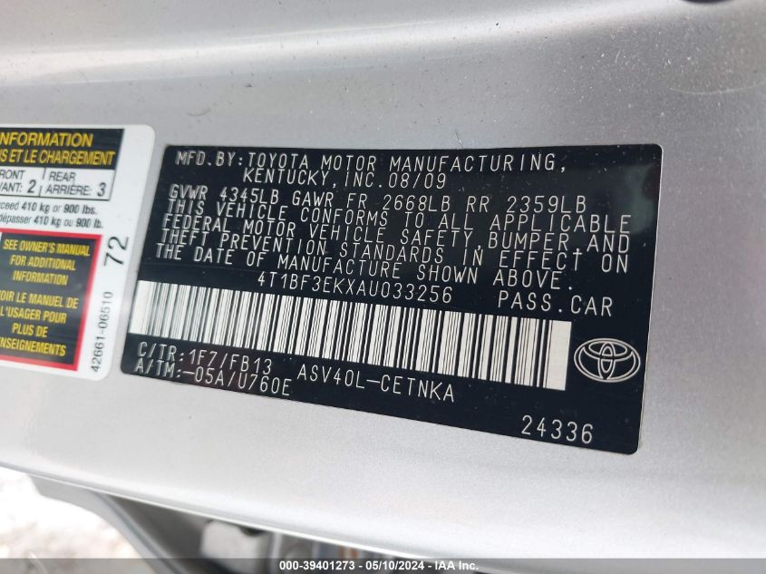 2010 Toyota Camry Le VIN: 4T1BF3EKXAU033256 Lot: 39401273