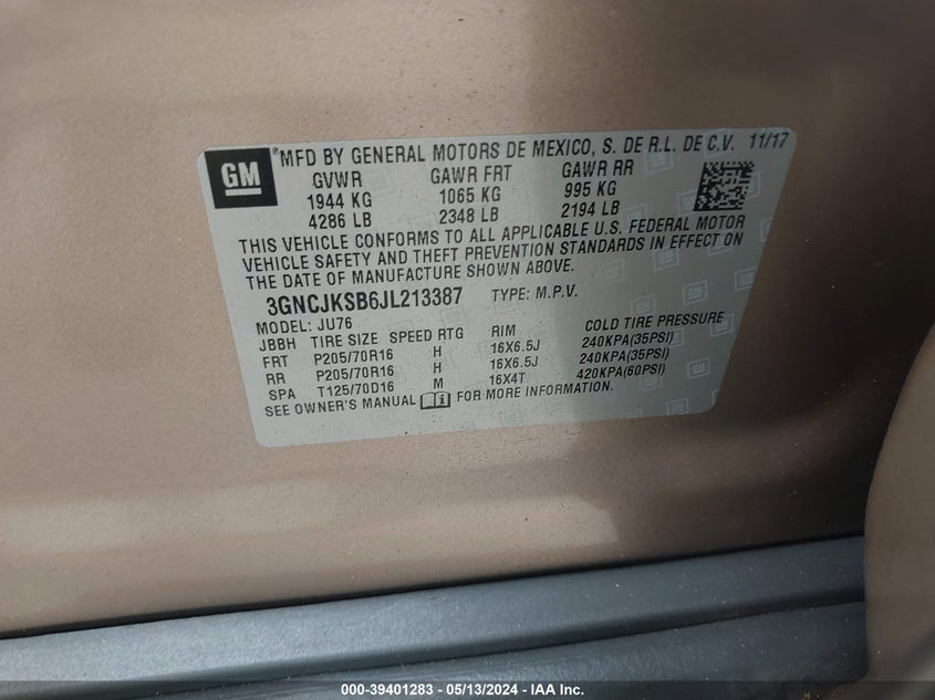 2018 CHEVROLET TRAX LS - 3GNCJKSB6JL213387