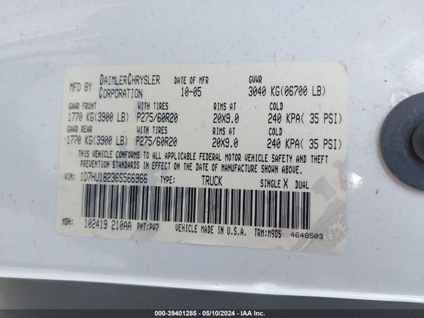 2006 Dodge Ram 1500 Slt/Trx4 Off Road/Sport VIN: 1D7HU18236S566966 Lot: 39401285