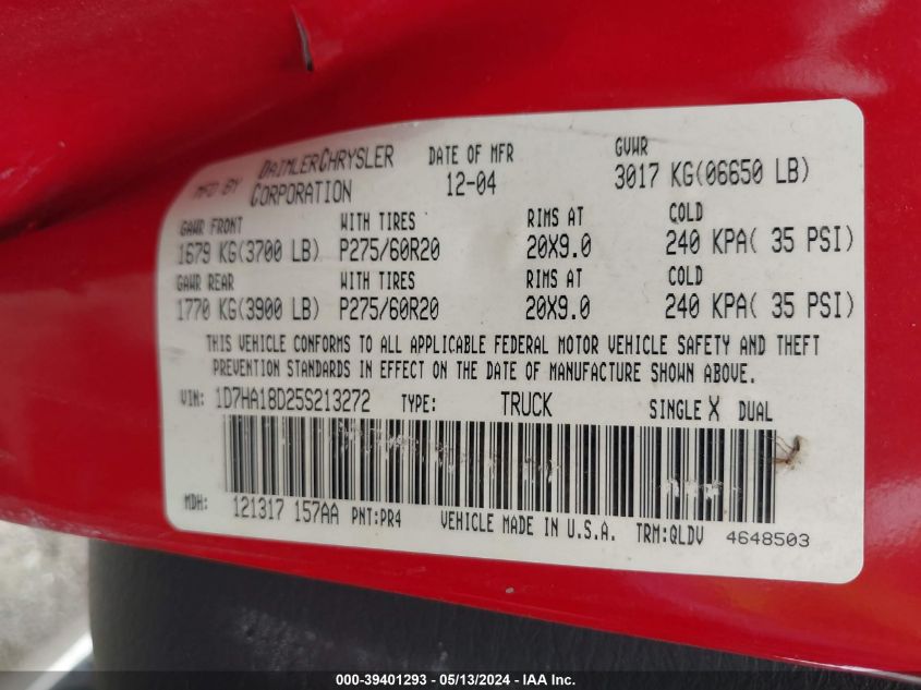 2005 Dodge Ram 1500 Slt/Laramie VIN: 1D7HA18D25S213272 Lot: 39401293
