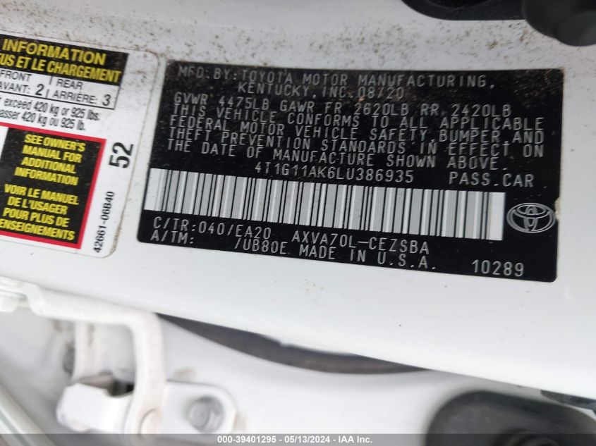 2020 Toyota Camry Se VIN: 4T1G11AK6LU386935 Lot: 39401295