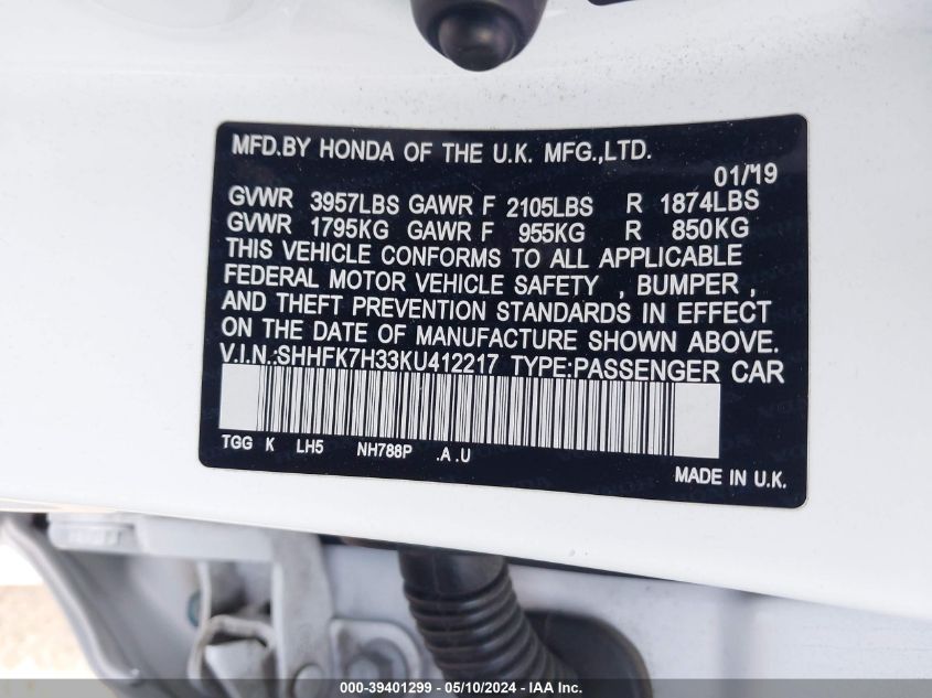 2019 Honda Civic Lx VIN: SHHFK7H33KU412217 Lot: 39401299