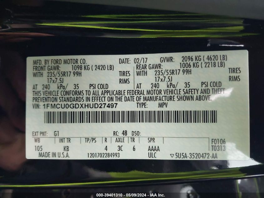 2017 Ford Escape Se VIN: 1FMCU0GDXHUD27497 Lot: 39401310