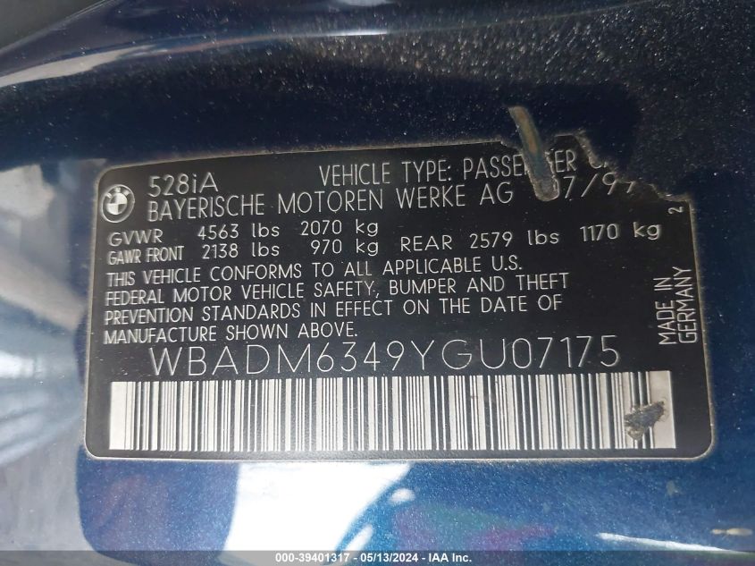 2000 BMW 528 I Automatic VIN: WBADM6349YGU07175 Lot: 39401317