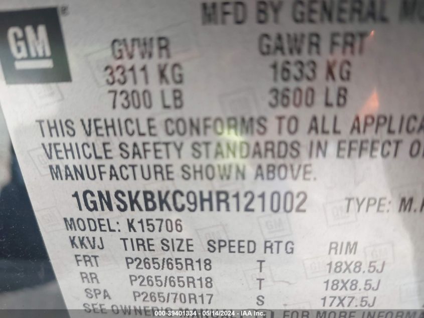 2017 Chevrolet Tahoe Lt VIN: 1GNSKBKC9HR121002 Lot: 39401334