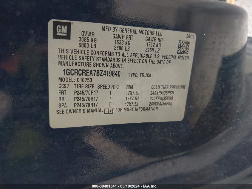 2011 Chevrolet Silverado 1500 Ls VIN: 1GCRCREA7BZ419840 Lot: 39401341