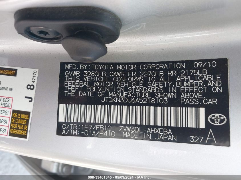 2010 Toyota Prius I/Ii/Iii/Iv/V VIN: JTDKN3DU6A5218103 Lot: 39401345