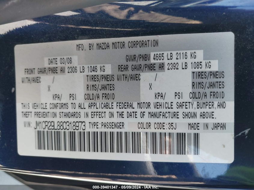 2008 Mazda Mazda5 Sport VIN: JM1CR29L880318973 Lot: 39401347