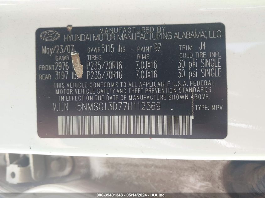 2007 Hyundai Santa Fe Gls VIN: 5NMSG13D77H112569 Lot: 39401348