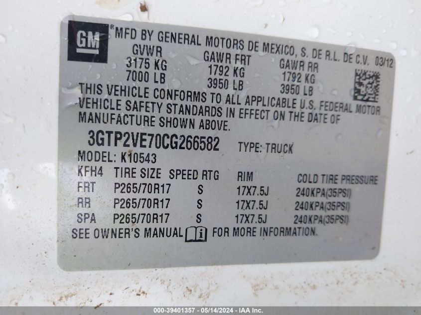 2012 GMC Sierra 1500 Sle VIN: 3GTP2VE70CG266582 Lot: 39401357