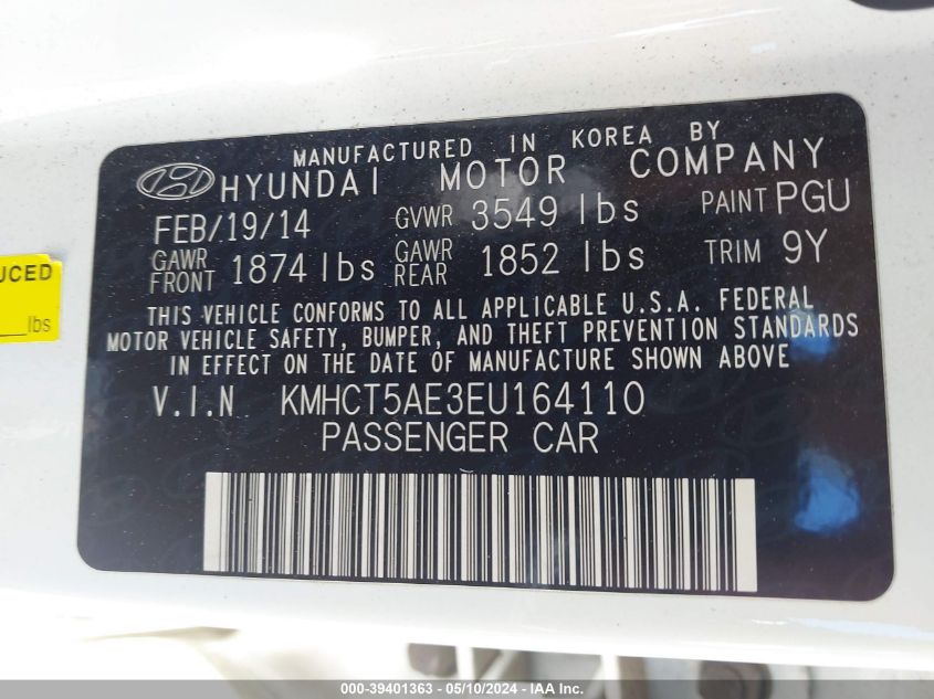 2014 Hyundai Accent Gs VIN: KMHCT5AE3EU164110 Lot: 39401363