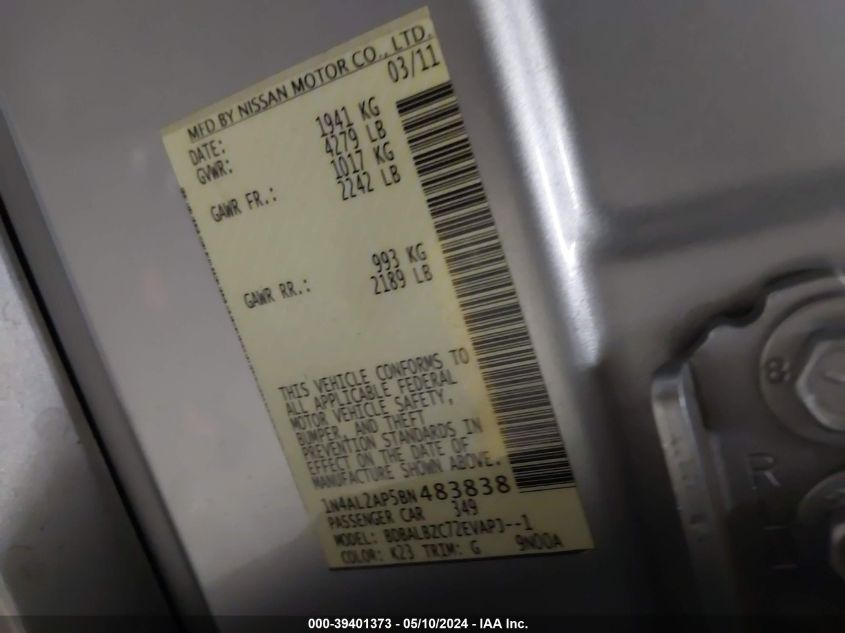 2011 Nissan Altima 2.5 S VIN: 1N4AL2AP5BN483838 Lot: 39401373