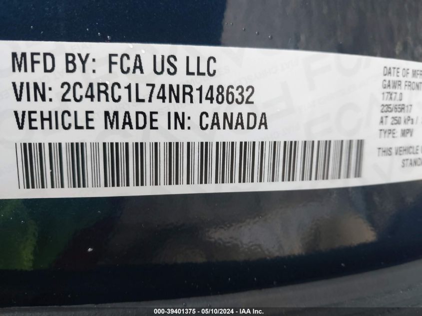 2022 Chrysler Pacifica Hybrid Touring L VIN: 2C4RC1L74NR148632 Lot: 39401375